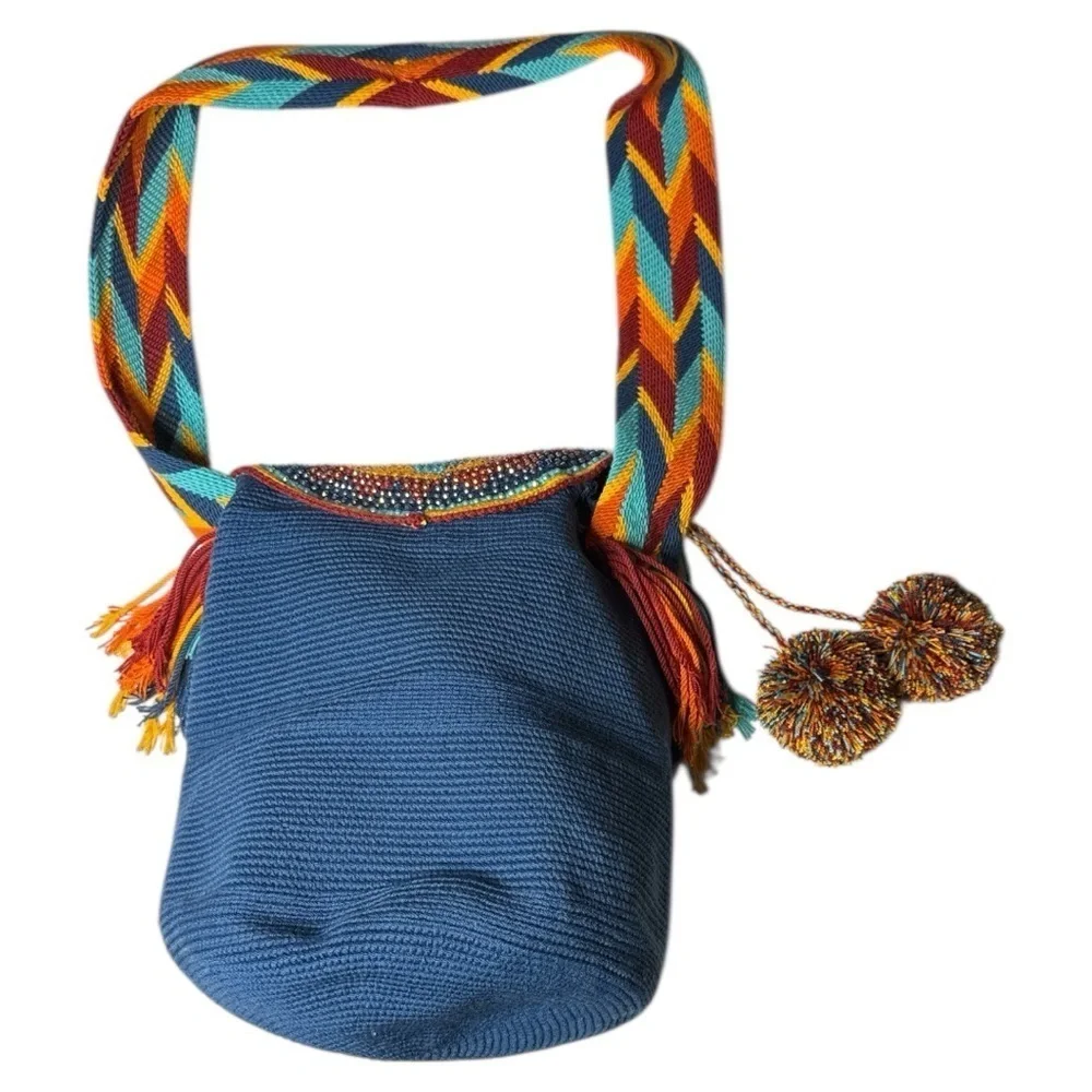 Wayuu Crystal Medallion Crochet Pom Pom Bag Flap Top